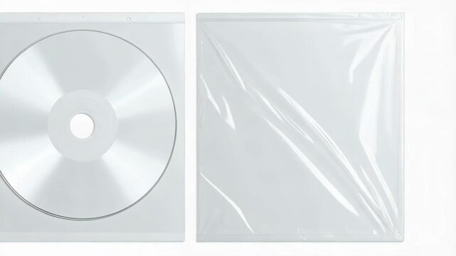 Clean still life with a CD in a transparent sleeve and an empty resealable clear plastic bag on a white background studio setup.