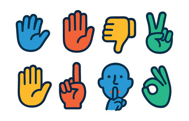 Fototapeta premium Flat vector icons of communication hand gestures: hand waving hello, hand signaling stop, hand giving thumbs down, hand showing peace sign, hand with open palm, hand pointing up, hand with index