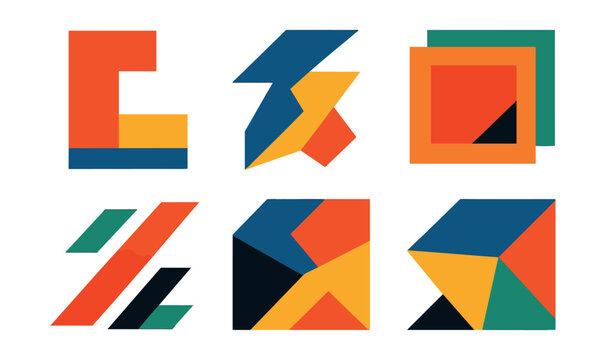Flat vector icons of brutalist shapes and textures: bold blocks, fragmented polygons, sharp angles, layered squares, asymmetrical lines, contrasting color patches, dynamic geometric forms, minimal