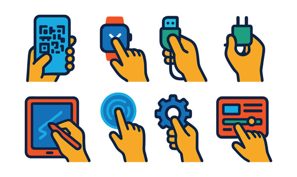 Flat vector icons of character hands with digital and tech elements: hand scanning QR code, hand tapping smartwatch, hand holding USB flash drive, hand plugging in charger, hand using stylus on