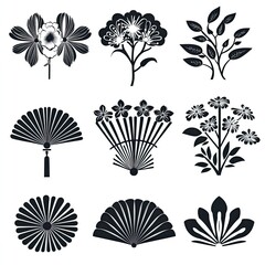 Nine monochrome floral and fan designs