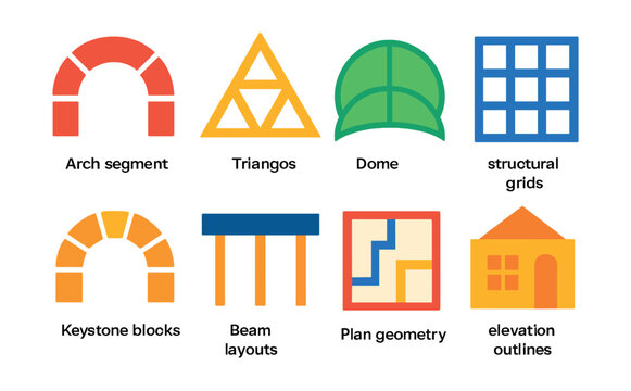 Flat vector icons of geometry in architecture: arch segments, support triangles, dome sections, structural grids, keystone blocks, beam layouts, plan geometry, elevation outlines.