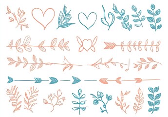 Collection of hand-drawn floral and heart elements, perfect for design projects