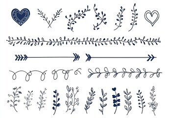 Collection of hand-drawn floral and arrow dividers, hearts, and swirls