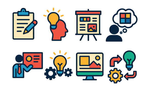 Flat vector icons of creative agency work: creative brief, brainstorm icon, design board, mood concept, client pitch, branding ideas, visual style, innovation flow.
