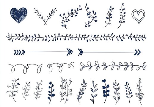 Collection of hand-drawn floral and arrow dividers, hearts, and swirls