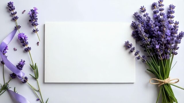 Floral stationery flat lay featuring lavender sprigs and bouquet with blank card for personalized text