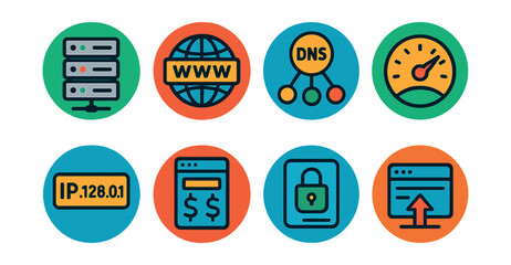 Flat vector icons of web hosting in circular style: server rack, domain name, DNS icon, uptime meter, IP address, hosting plan, SSL certificate, site deployment.