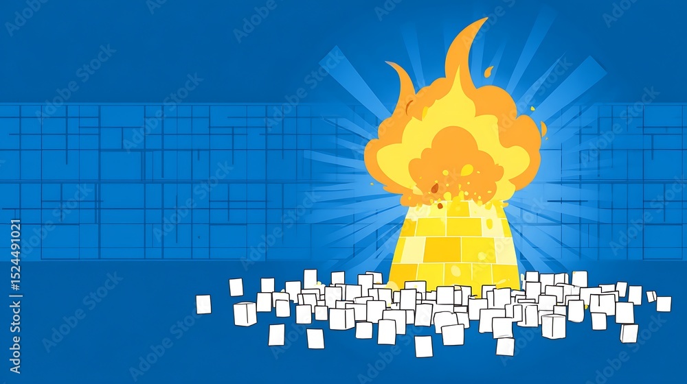 Poster exploding brick structure amidst scattered cubes