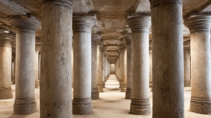 Visitors walk through a large underground space filled with numerous stone columns. The environment is dimly lit, showcasing the architectural beauty and age of the structure