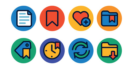Flat vector icons of internet bookmarks in circular style: saved page, bookmark icon, add to favorites, categorized folder, bookmark tag, open later, sync bookmarks, import bookmarks.