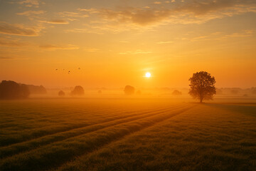 Fototapeta premium Golden Sunrise Over Misty Field with Trees and Soft Morning Light