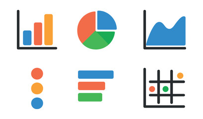 Flat vector icons of data visualization tools: bar graph, pie chart, line chart, area chart, scatter plot, data points, chart legend, graph icon.
