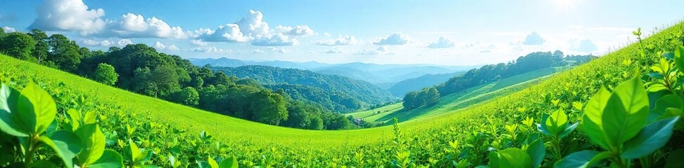 Obraz premium Serene landscape featuring vibrant green plants, lush foliage, and rolling hills under a clear blue sky Perfect for nature, travel, and environmental themes , plants, flora, peaceful