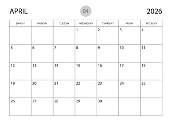 April 2026 year planner template, calendar 2026 template, monthly and yearly planners. organizer diary. week start Sunday, corporate planner template, Desk calendar 2026 year, Vector illustration