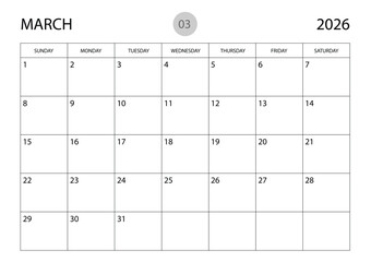 March 2026 year planner template, calendar 2026 template, monthly and yearly planners. organizer diary. week start Sunday, corporate planner template, Desk calendar 2026 year, Vector illustration
