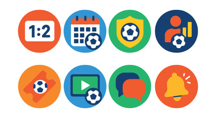 Flat vector icons of mobile sports apps in circular style: live score, match schedule, team icon, player stats, ticket booking, game highlights, fan forum, push goal alert.