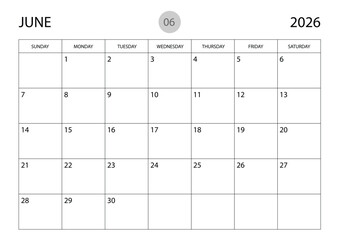June 2026 year planner template, calendar 2026 template, monthly and yearly planners. organizer diary. week start Sunday, corporate planner template, Desk calendar 2026 year, Vector illustration