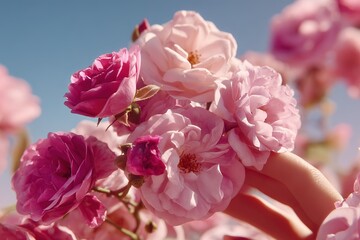 Fototapeta premium Beautiful pink roses being gently held under a clear blue sky during a sunny day in spring