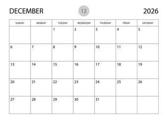 December 2026 year planner template, calendar 2026 template, monthly and yearly planners. organizer diary. week start Sunday, corporate planner template, Desk calendar 2026 year, Vector illustration