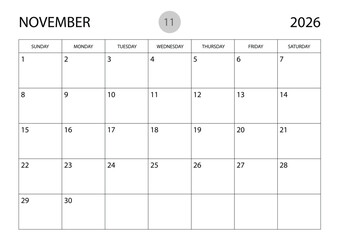 November 2026 year planner template, calendar 2026 template, monthly and yearly planners. organizer diary. week start Sunday, corporate planner template, Desk calendar 2026 year, Vector illustration