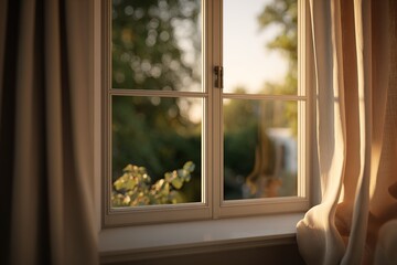 Fototapeta premium Warm sunlight streams through a window illuminating a serene garden in the early evening light