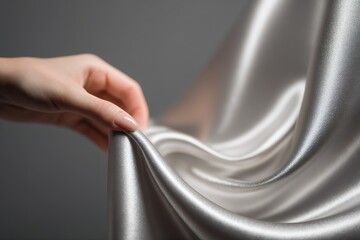 Hand gently touches smooth metallic fabric in a softly lit setting showcasing texture and elegance