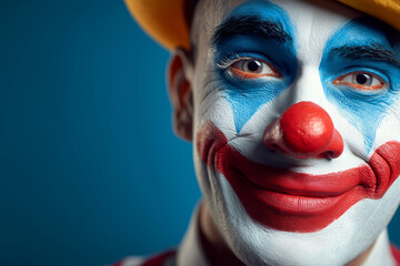 Smiling clown with colorful makeup on blue background