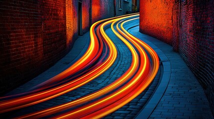 Dynamic cityscape depicting light trails along a winding cobbled urban alley