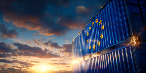 Close-up of a large blue cargo shipping container with EU European Union flag in a port harbor at sunset or sunrise. Production, delivery, shipping and freight transportation