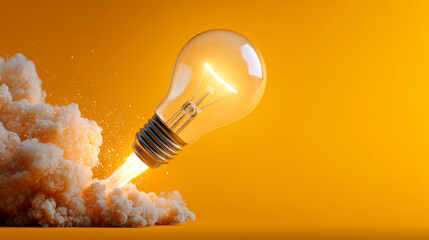 Close-up of a light bulb taking off and releasing smoke like a rocket against a yellow-orange background with copy space. Idea explosion, startup, big ideas and leadership concept