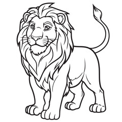 Obraz premium Cute Cartoon Lion Silhouette Line Drawing – Black and White Safari Animal Illustration for Coloring Pages or Kids Design
