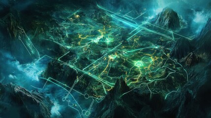 Futuristic topographic map of a mountainous region illuminated with neon lines