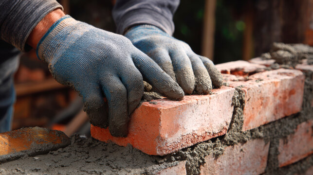 Close-up of the gloved hands of a bricklayer laying a clay brick over fresh mortar or cement on brick wall under construction