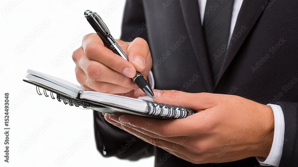 Poster professional journalist writing notes with notepad on white background