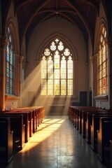 Serene interior of a church, bathed in soft light filtering through stained glass windows, creating a peaceful atmosphere perfect for prayer and reflection , tranquility, gothic, solace
