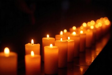 Rows of flickering candlelight create a serene and somber vigil, casting warm light against a dark background Perfect for remembrance, peace, or spiritual themes , quiet, remembrance