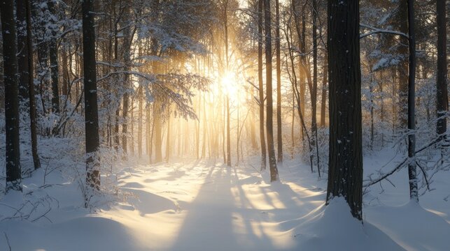 Golden hour sunbeams pierce through a snow blanketed forest of winter trees