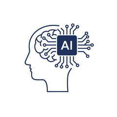 A dark blue line drawing depicts a human head in profile, facing left. Inside the head, a stylized dark blue line drawing of a brain is visible