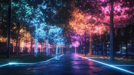 Illuminated urban park avenue at twilight, an enchanting blend of nature and technology
