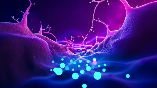 Abstract background neural, neural networks, synaptic transmission. Brain communication. Neurons transmit through synaptic gaps. Network complexity increases learning speed. Brain signals enhance