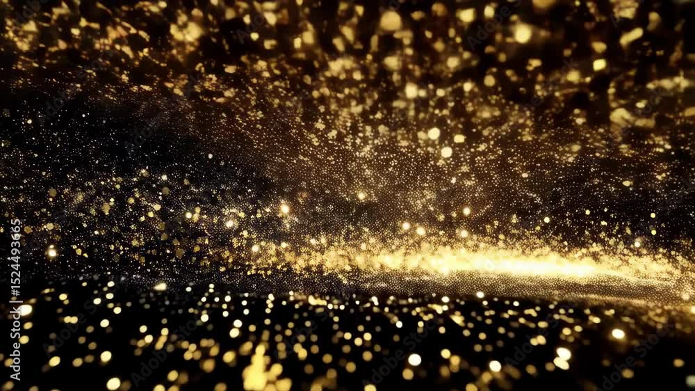 Poster abstract golden glittering particles flowing in dark space, revealing wave patterns and sparkling li