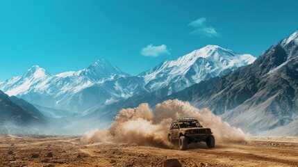 Off-road journey across a rugged terrain with mountains in the background