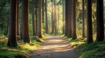 Fototapeta premium Pathway through sunlit woodland: A serene and enchanting forest scenery