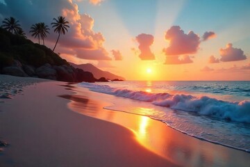 A serene beach scene at sunset, symbolizing the relaxed and carefree lifestyle associated with achieving financial independence and the pursuit of personal goals , escape, goal