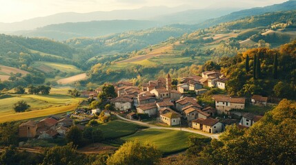 Picturesque Italian Village Nestled Among Rolling Hills in the Tuscan Countryside