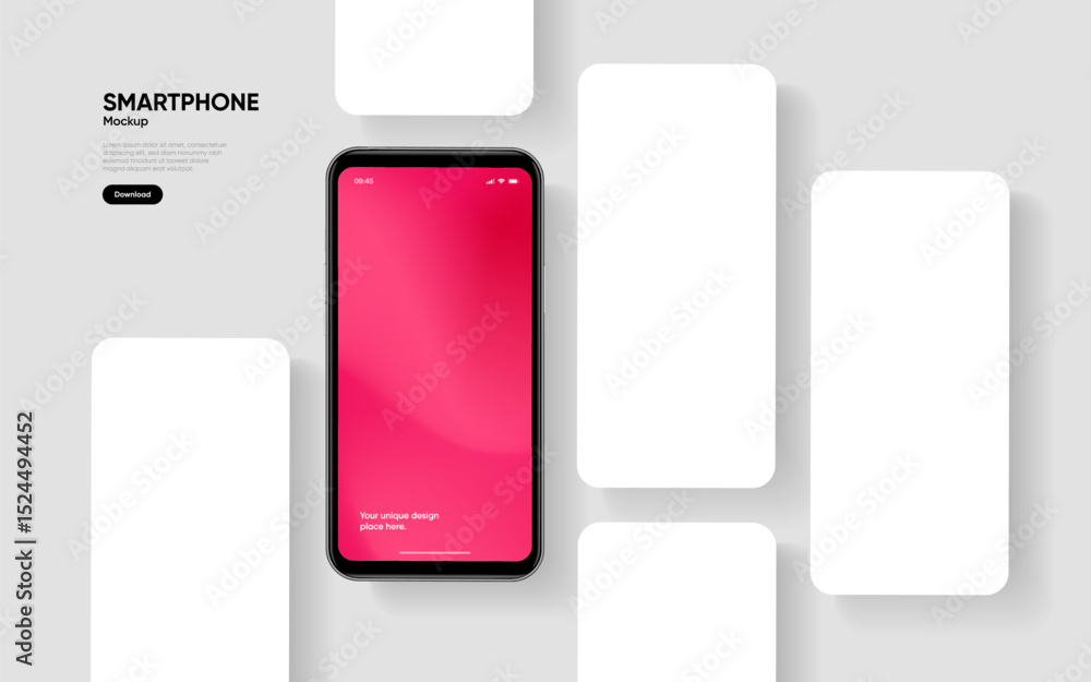 Poster Realistic smartphone mockup. Mobile phone vector with isolated on white background. Device front view. 3D mobile phone with shadow. Realistic, high quality smart phone mockup for ui ux presentation.