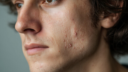 Close-up of young man’s cheek and jawline showing visible acne and skin texture, set against a neutral background for dermatology concept.