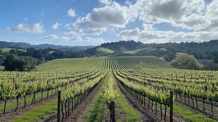 Naklejka premium Serene vineyard landscape with rows of vines and rolling hills in the background