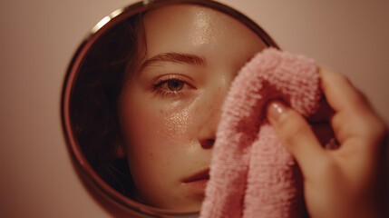 Teen girl reflected in a round mirror gently wiping her face with a pink towel, showing fresh, dewy skin in soft, warm lighting.
